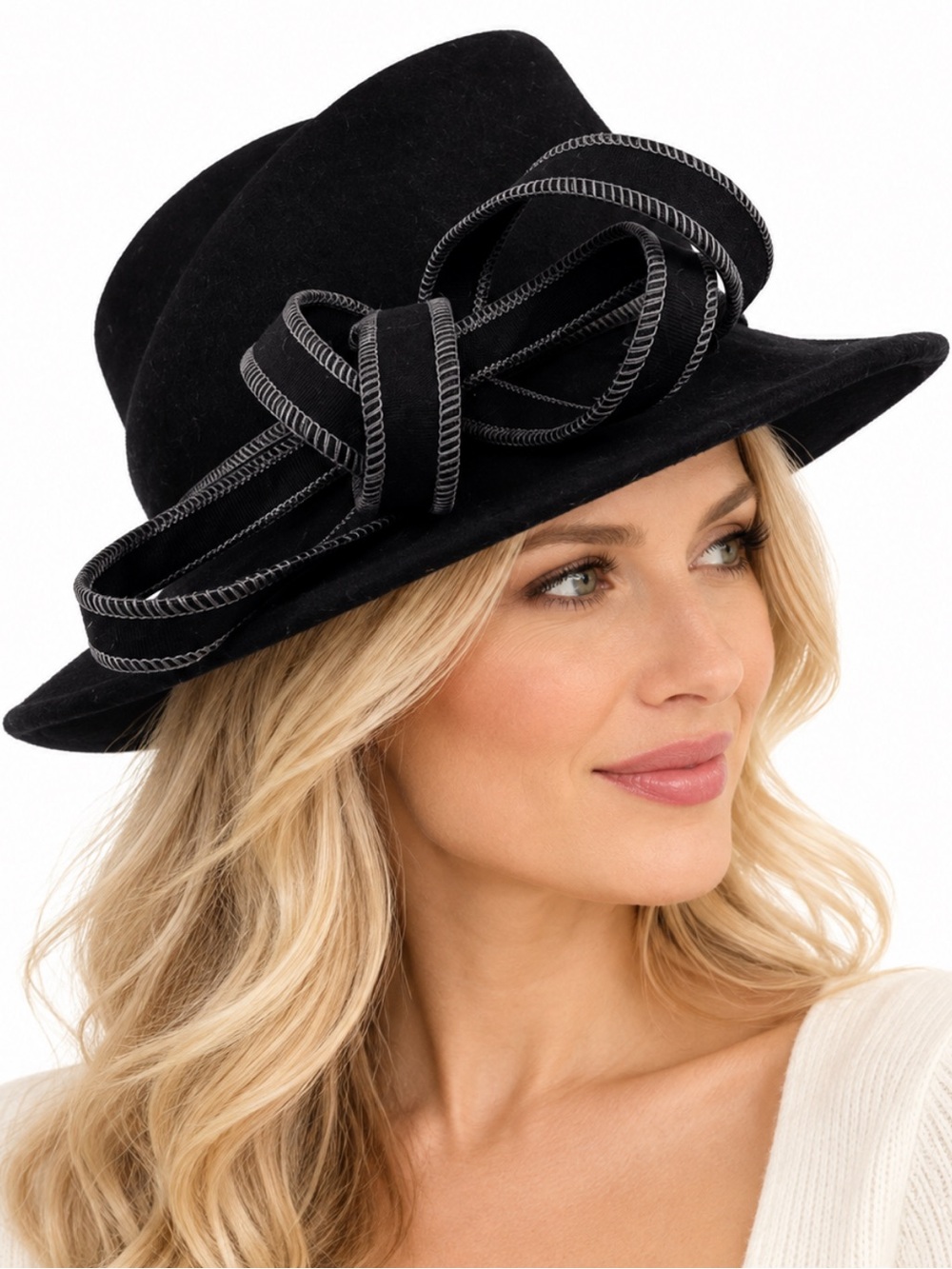 Parkhurst Black Wool Felt Wide Brim Hat Sculptural Loop Bow